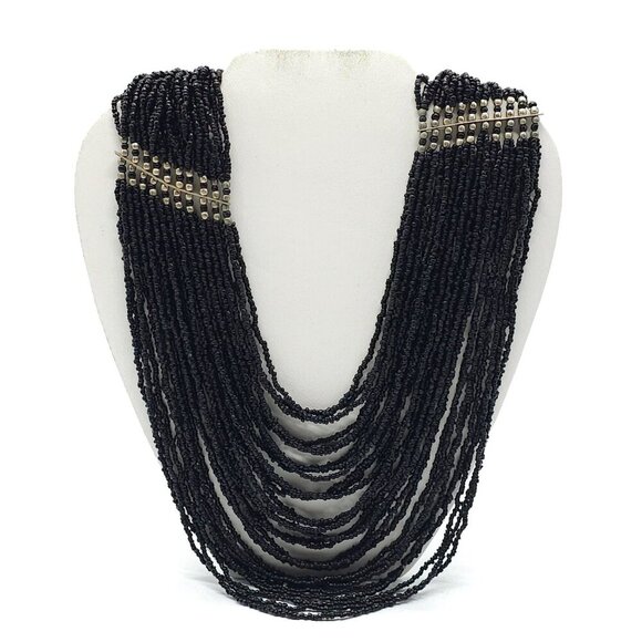 Layered Black Seed Beaded Necklace Metallic Accents Adjustable Chain Closure - Picture 1 of 5